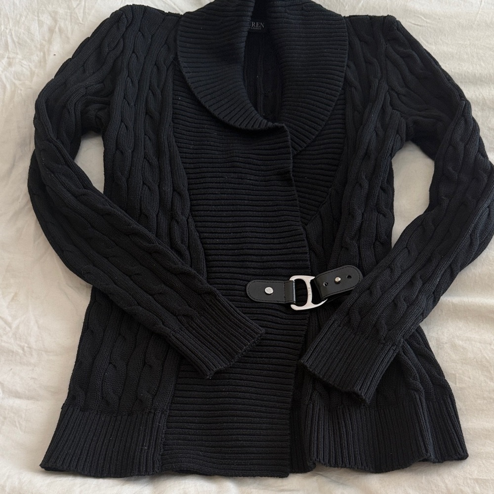 Lauren. Ralph Lauren Black Cable Knit Sweater with Belt
